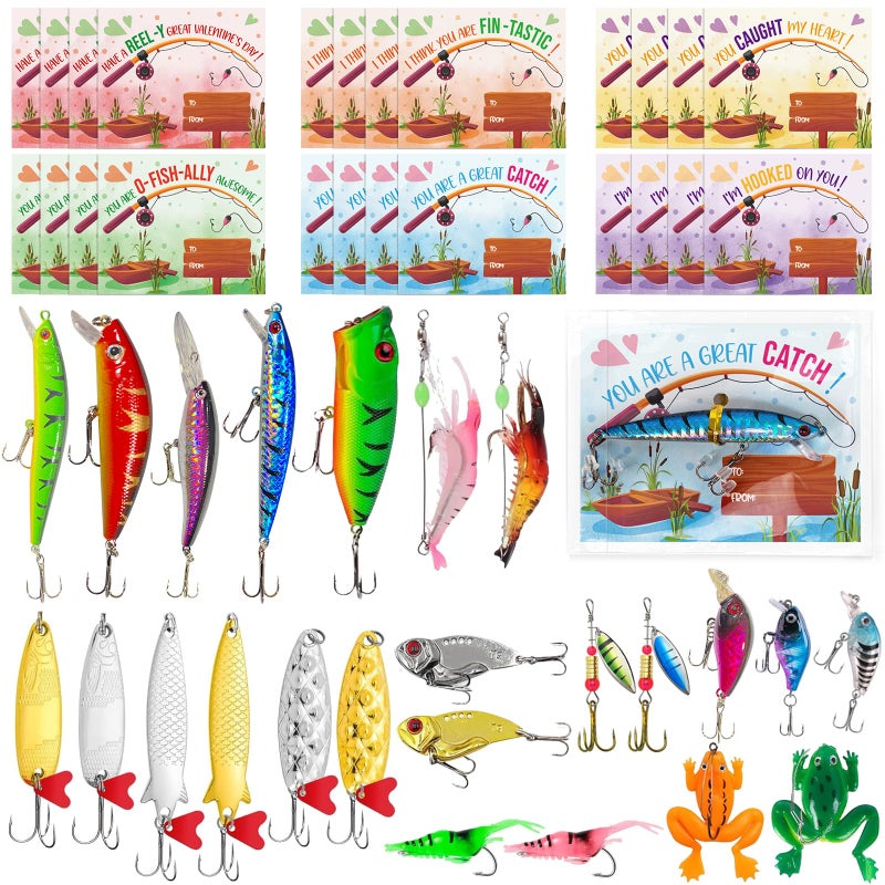 Bailiyake 24 Set Valentines Day Cards for Kids Classroom,Lifelike Fishing Lure Baits Tackle with Cards,Valentines Party Favors for Classroom Exchange (Fishing Lures) - Image 1