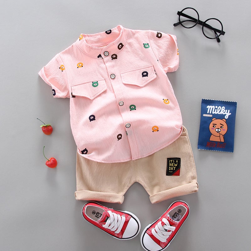 Summer Korean Thin Cartoon Kids Outfit Set Pink Bear 