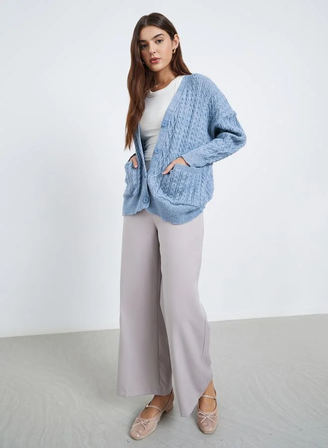 Styli Styli Medium Blue Oversized Cable Knit Cardigan