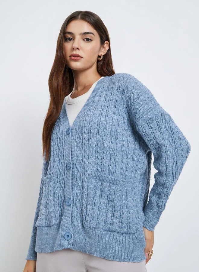Styli Styli Medium Blue Oversized Cable Knit Cardigan