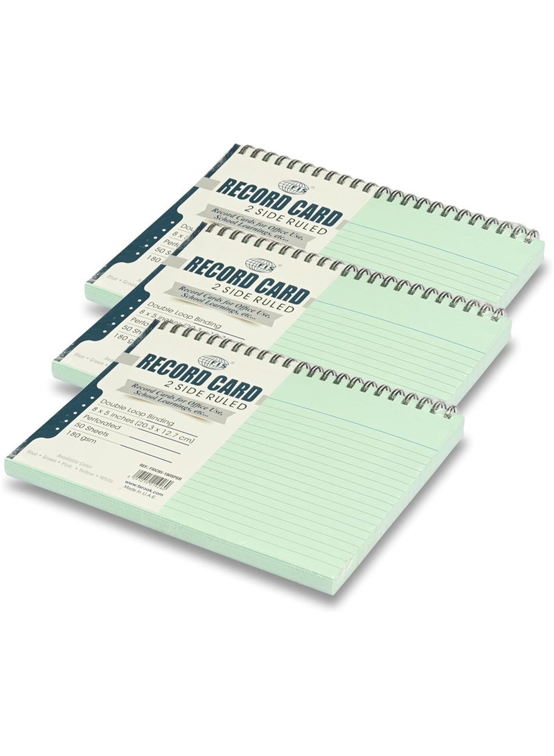 FIS® Ruled Record Cards Size:8"x5" Inches (203x127mm), Double Loop Spiral Binding, Two Sides Single Ruled, 180gsm, Perforated, 50 Sheets Per Pad, Packet of 3 Pieces, Green Color-FSIC85-180SPGR-3 - Image 1