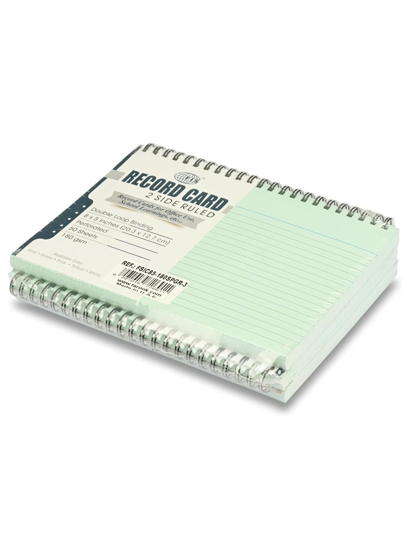 FIS® Ruled Record Cards Size:8"x5" Inches (203x127mm), Double Loop Spiral Binding, Two Sides Single Ruled, 180gsm, Perforated, 50 Sheets Per Pad, Packet of 3 Pieces, Green Color-FSIC85-180SPGR-3 - Image 2