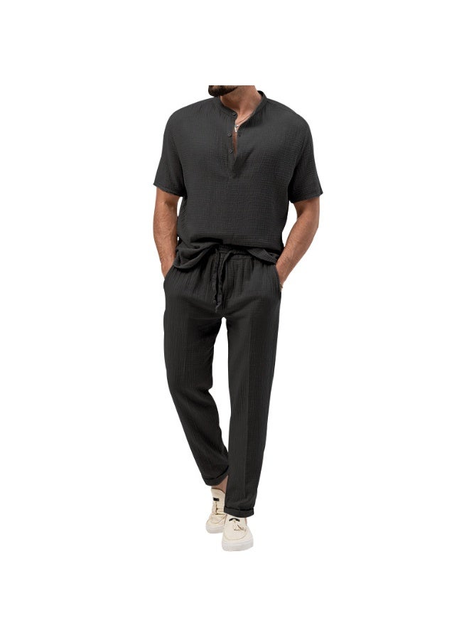 Men's Casual Pure Color T-Shirt Short Sleeve Shirt Pants Set Thin Summer - Image 1