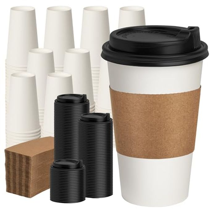 RACETOP 16 oz 100 pack Coffee Cups with Lids and Kraft Sleeves, Disposable Paper Coffee Cups, Hot Coffee cups, Ideal for Hot Beverage