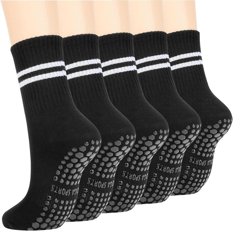 PUJANE 5 Pairs Grip Pilates Socks for Women, Non Slip Yoga Athletic Long Crew Socks for Barre Ballet Gym Workout - Image 1