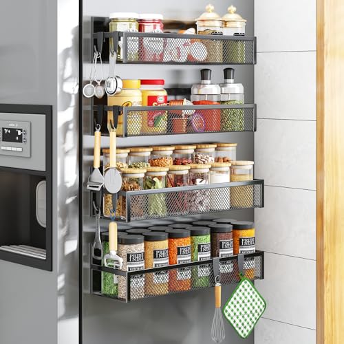 Aufworld Magnetic Spice Rack for Refrigerator, 4 Pack Magnetic Shelf, Fridge Magnet Organizer with Moveable 8 Hooks, Magnetic Fridge Shelf for Kitchen Organization and Storage (4 Pack) - Image 1