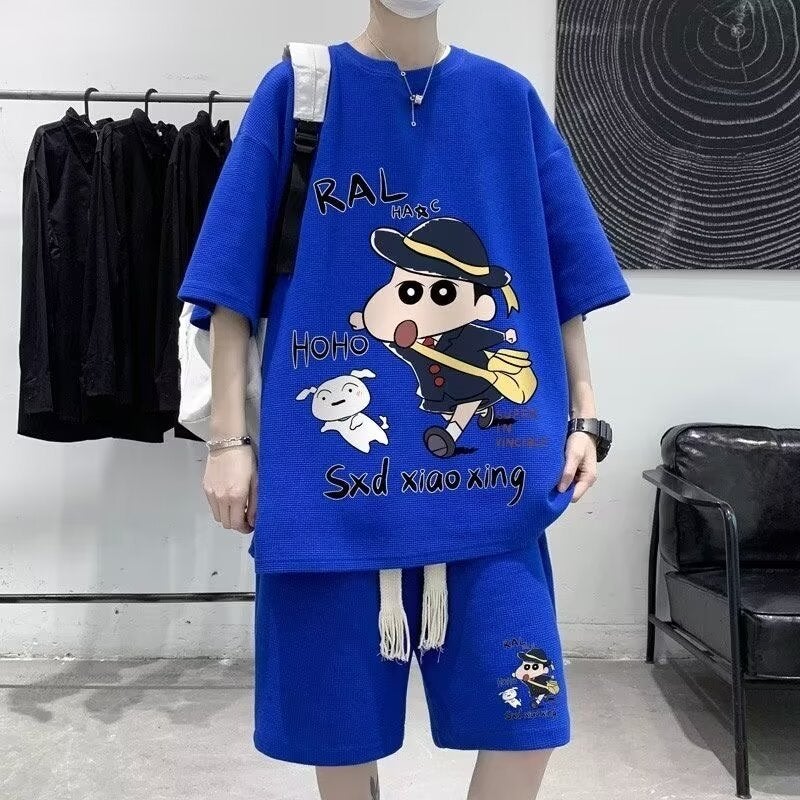 A set of matching loose suit waffle heavy half sleeve mens T-shirt summer Japanese fashion ins short sleeve T-shirt Blue 
