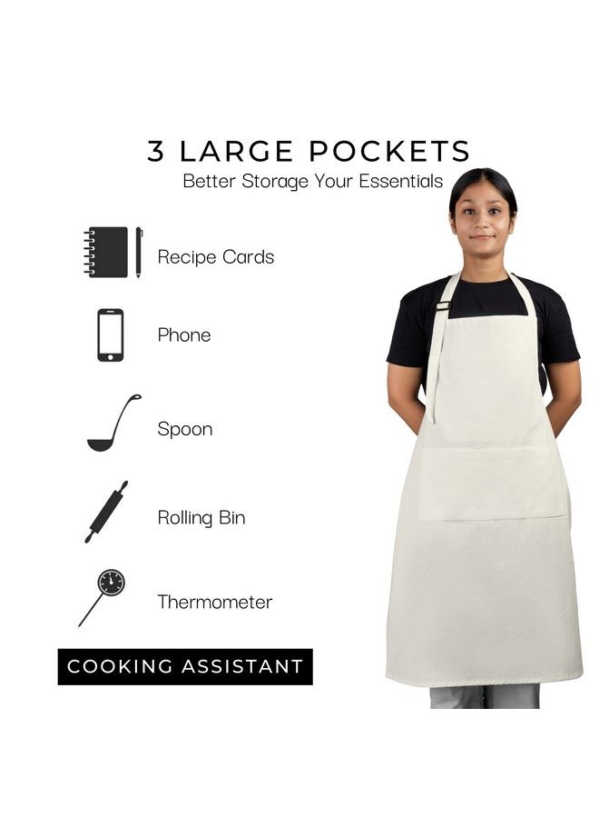 RAJRANG BRINGING RAJASTHAN TO YOU Chef Apron For Women Men With Pockets Cotton Kitchen Cooking Full Length Plain Aprons Off White 35X27 Inches Pack Of 5  - Image 5