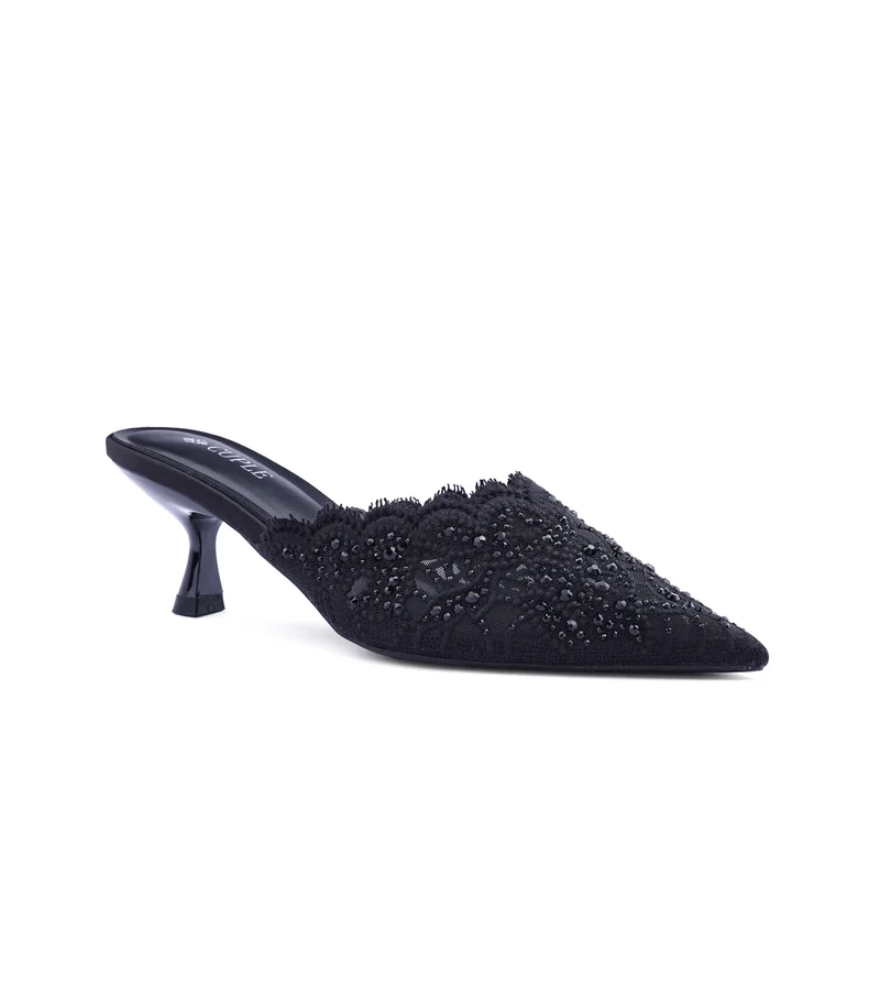 Cuple Womens lacy mesh pattern heeled mules