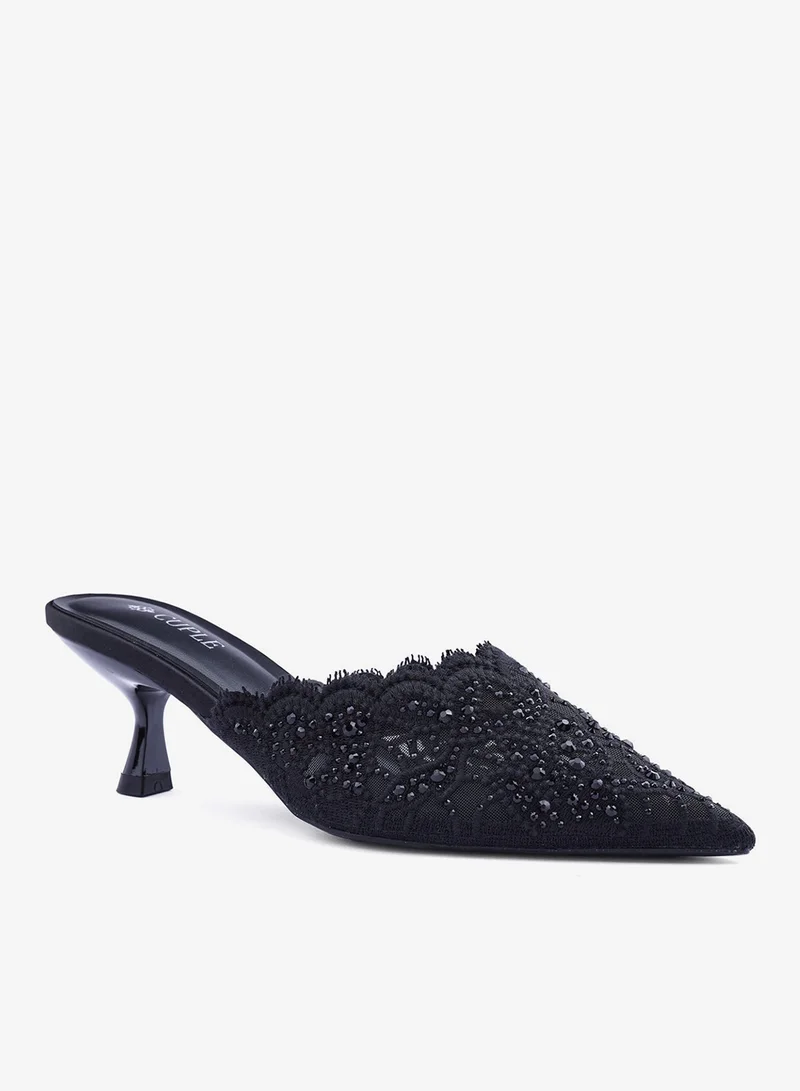 Cuple Womens lacy mesh pattern heeled mules