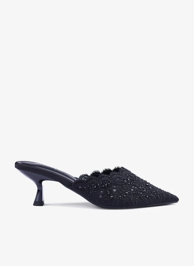 Cuple Womens lacy mesh pattern heeled mules