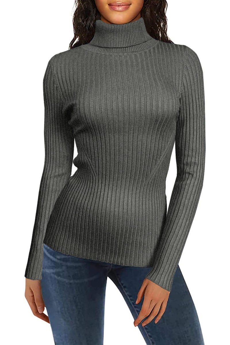 v28 Women Stretchable Turtleneck Knit Long Sleeve Slim Fit Sweater (S,Darkgrey) - Image 2