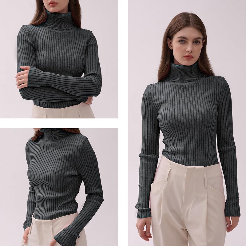 v28 Women Stretchable Turtleneck Knit Long Sleeve Slim Fit Sweater (S,Darkgrey) - Image 5