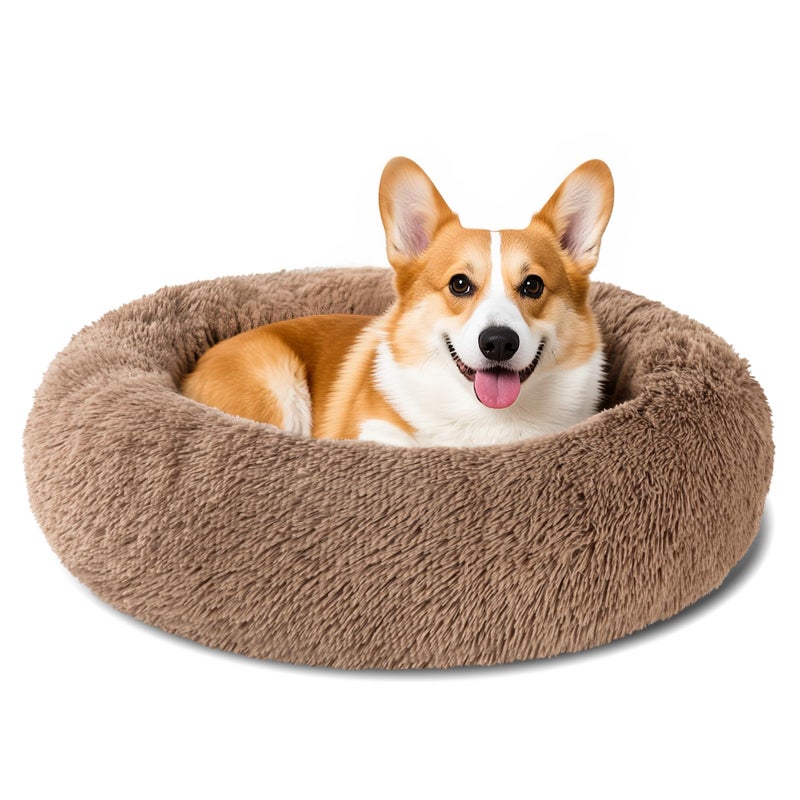 Dog Calming Beds for Small Medium Large Dogs Round Donut Washable Dog Bed AntiSlip Faux Fur Fluffy Donut Cuddler Anxiety Cat Bed28 Khaki