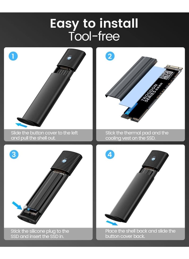 Y&D - M2 NVMe SATA SSD Enclosure Adapter Tool Free, USB C 3.2 Gen 2 10Gbps NVME, 5Gbps NGFF PCIe M Key or B 2230 2242 2260 2280, Aluminum External Reader Support UASP Trim PWDM2 - Image 1