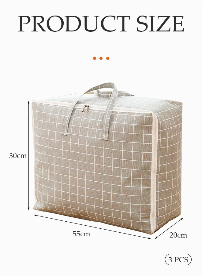 DUNISO - 3pcs Moving Storage Bag with Zipper,Extra Large Storage Bag with check pattern for Moving,Large Capacity Multipurpose Clothes Organizing Storage Bag with Strong Handles for Organizing Bedroom, Closet, Clothing, Comforter, Sweater, Organization and Storage with Zip and Handle grey (55*30*20cm) - Image 1