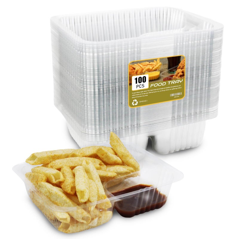 AHKUNMT 100 PC Nacho Trays Disposable 12oz Plastic Nacho Containers with Chip and Dip Holder 6x5 In 2 Compartments Clear Snack Trays for KidsParties Movie Night Supplies Plastic100pc