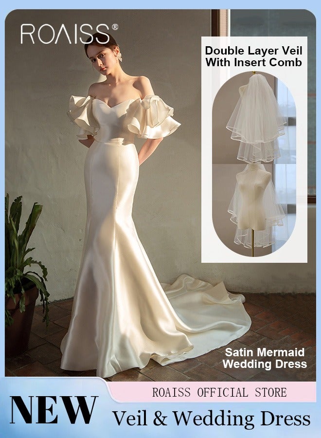 roaiss Satin Tube Top Wedding Dress for Women Elegant Slim Fit Waisted Fishtail Gown Ladies Light Bridal Welcome Dresses with Veil - Image 1