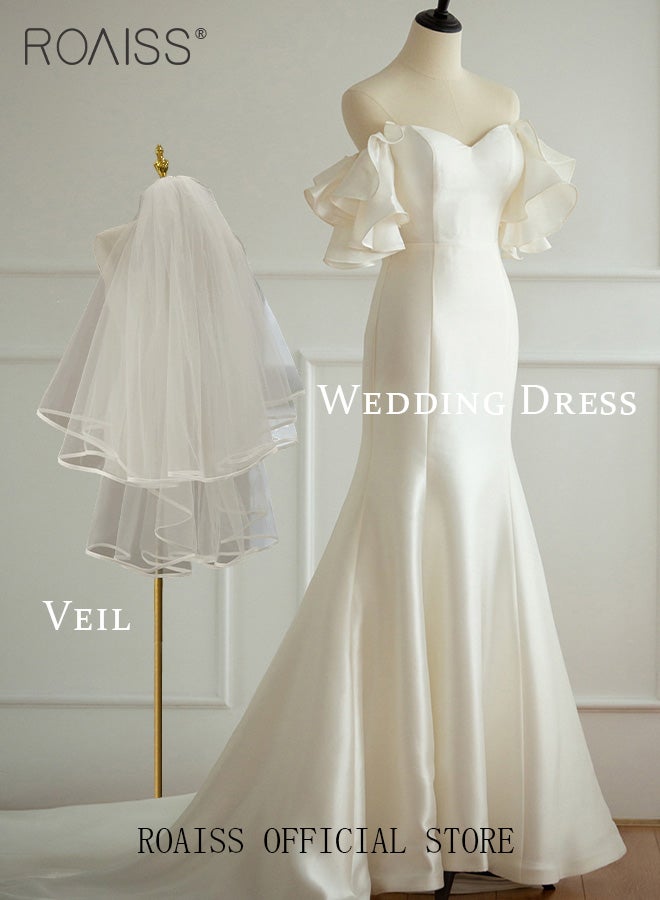 roaiss Satin Tube Top Wedding Dress for Women Elegant Slim Fit Waisted Fishtail Gown Ladies Light Bridal Welcome Dresses with Veil - Image 2