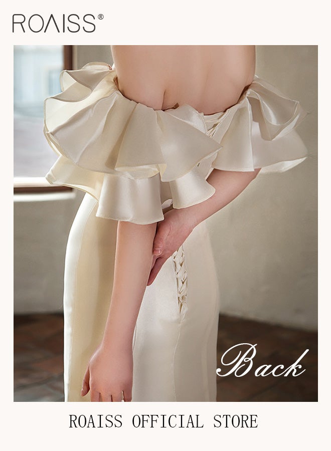roaiss Satin Tube Top Wedding Dress for Women Elegant Slim Fit Waisted Fishtail Gown Ladies Light Bridal Welcome Dresses with Veil - Image 4