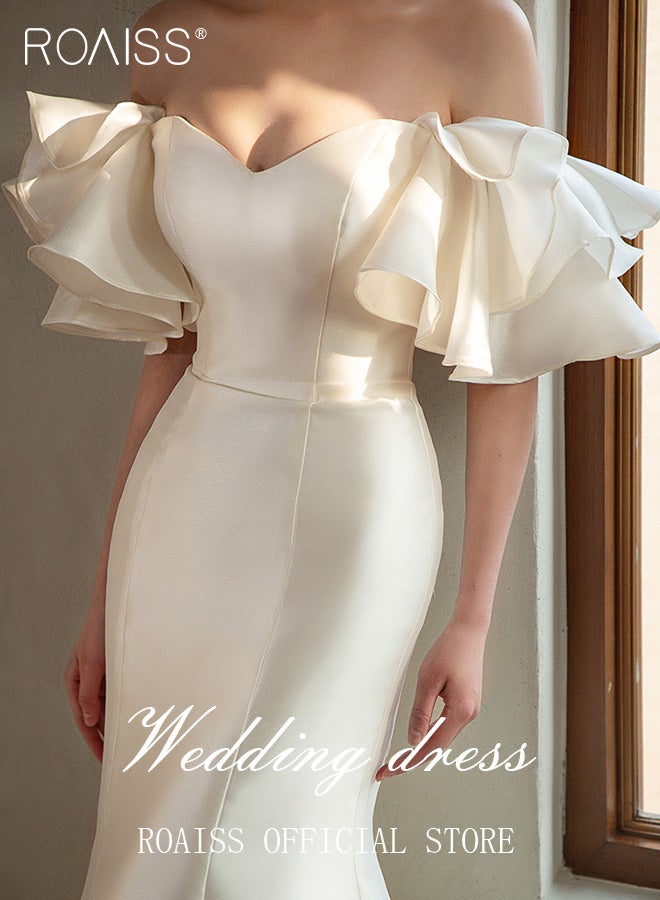roaiss Satin Tube Top Wedding Dress for Women Elegant Slim Fit Waisted Fishtail Gown Ladies Light Bridal Welcome Dresses with Veil - Image 3