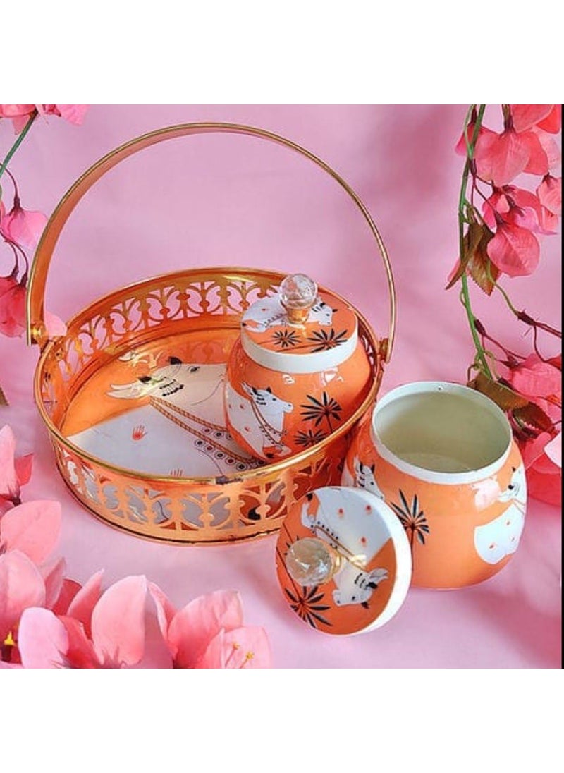 AC ANAND CRAFTS AC ANAAND CRAFTS Pichwai Tray Jar Set of 2 250 ml Metal Jars with Serving Tray Pichwai Painting Pichwai Jars for Return Gift Diwali Decor Jars Containers DEER PRINT  - Image 5