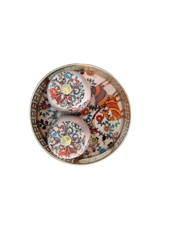 AC ANAND CRAFTS AC ANAAND CRAFTS Pichwai Tray Jar Set of 2 250 ml Metal Jars with Serving Tray Pichwai Painting Pichwai Jars for Return Gift Diwali Decor Jars Containers DEER PRINT  - Image 4