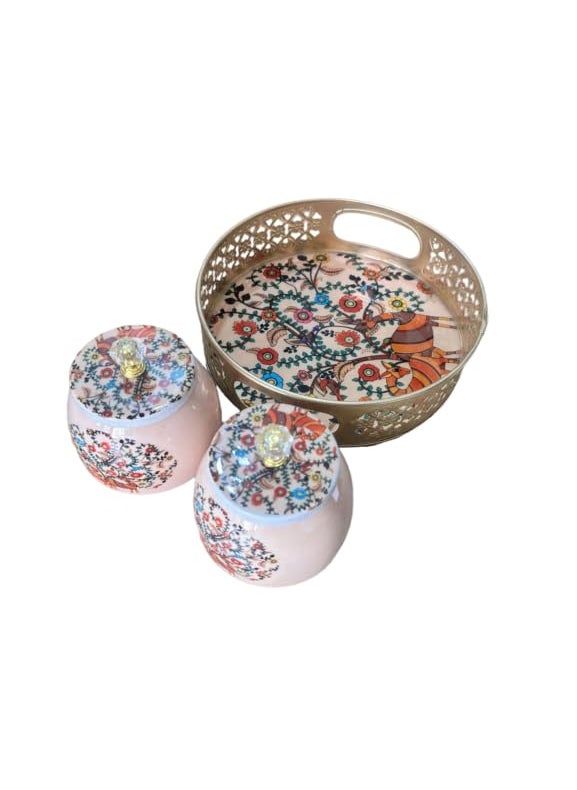 AC ANAND CRAFTS AC ANAAND CRAFTS Pichwai Tray Jar Set of 2 250 ml Metal Jars with Serving Tray Pichwai Painting Pichwai Jars for Return Gift Diwali Decor Jars Containers DEER PRINT  - Image 1