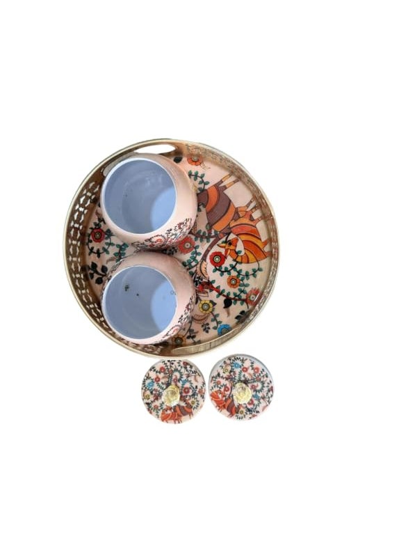 AC ANAND CRAFTS AC ANAAND CRAFTS Pichwai Tray Jar Set of 2 250 ml Metal Jars with Serving Tray Pichwai Painting Pichwai Jars for Return Gift Diwali Decor Jars Containers DEER PRINT  - Image 3