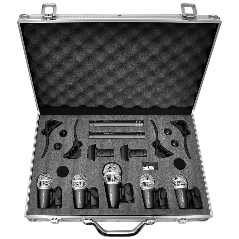 Pyle 7Piece Wired Dynamic KitKick Bass TomSnare Cymbals Microphone Setfor Drums Vocal Other InstrumentComplete with Thread Clip Inserts Mics Holder Case Black