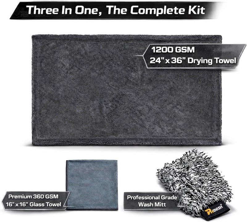 Phinish The Giant Giant 24"x36" Car Drying Towel – Ultra Absorbent 1200 GSM Twisted Loop Microfiber, Scratch-Free, Streak-Free, 70/30 Korean Blend – Includes Wash Mitt & Glass Towel for Auto Detailing Multi-demand satisfied design - Image 2