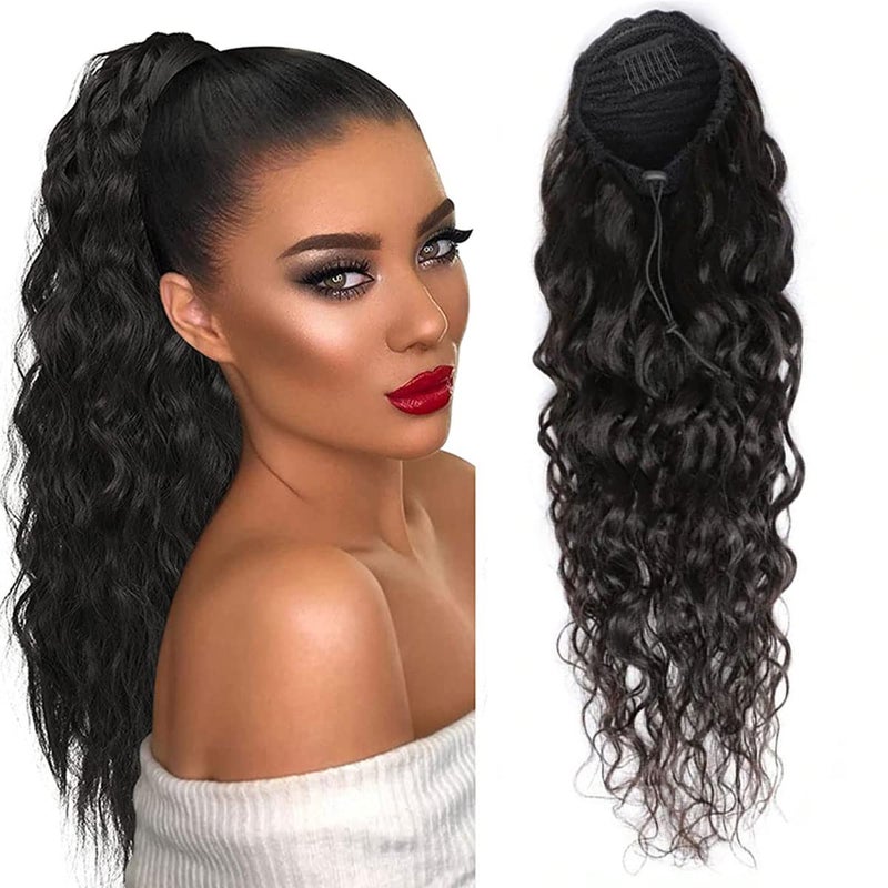 Drawstring Ponytail Extension Water Wave 100 Human Hair Ponytail Corn Wave Ponytail Extension 1B Natural Color Human Hair Hair Drawstring 22 Inch