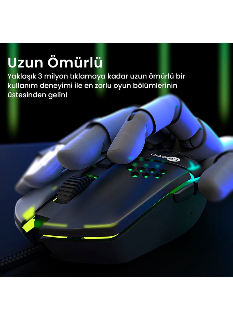 lecoo - Lenovo MS105 Wired RGB LED Illuminated 3200DPI 6-Button Gaming Mouse Black - Image 1