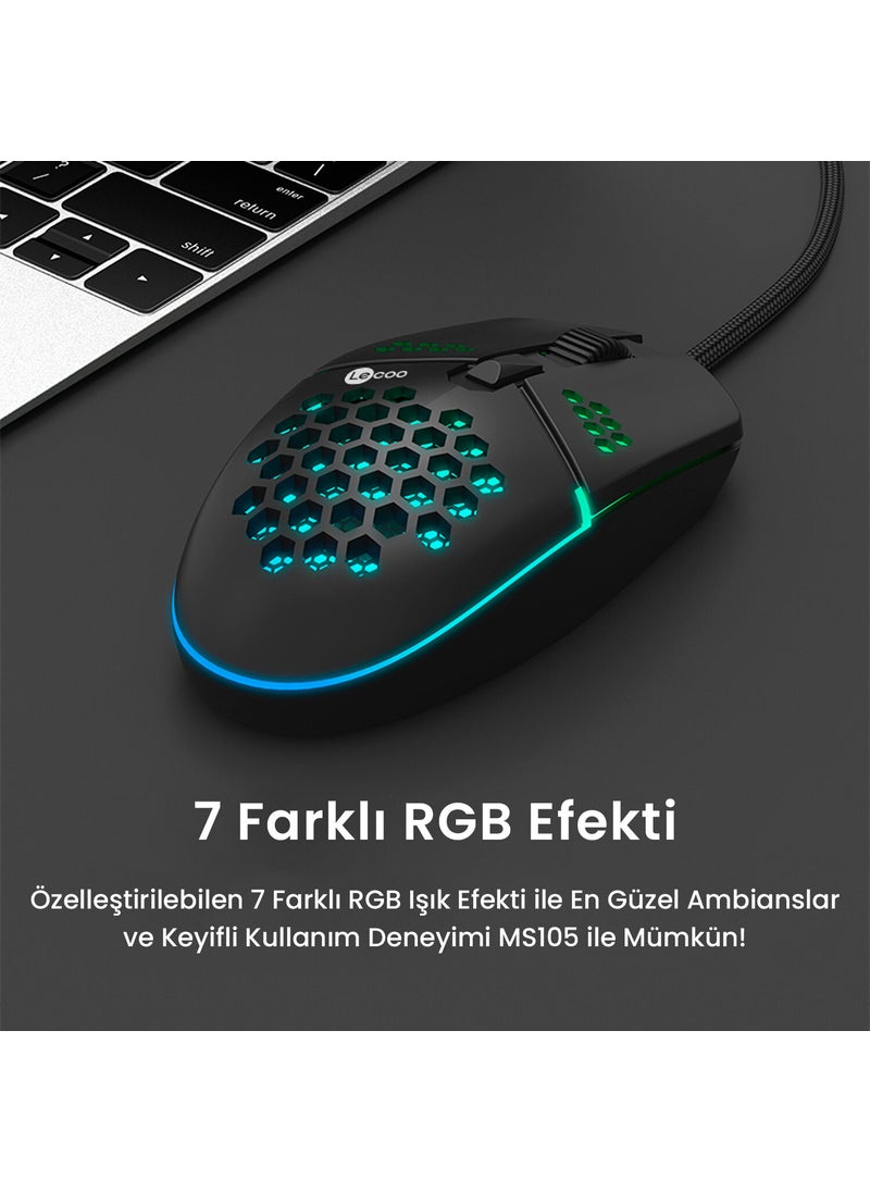 lecoo - Lenovo MS105 Wired RGB LED Illuminated 3200DPI 6-Button Gaming Mouse Black - Image 1