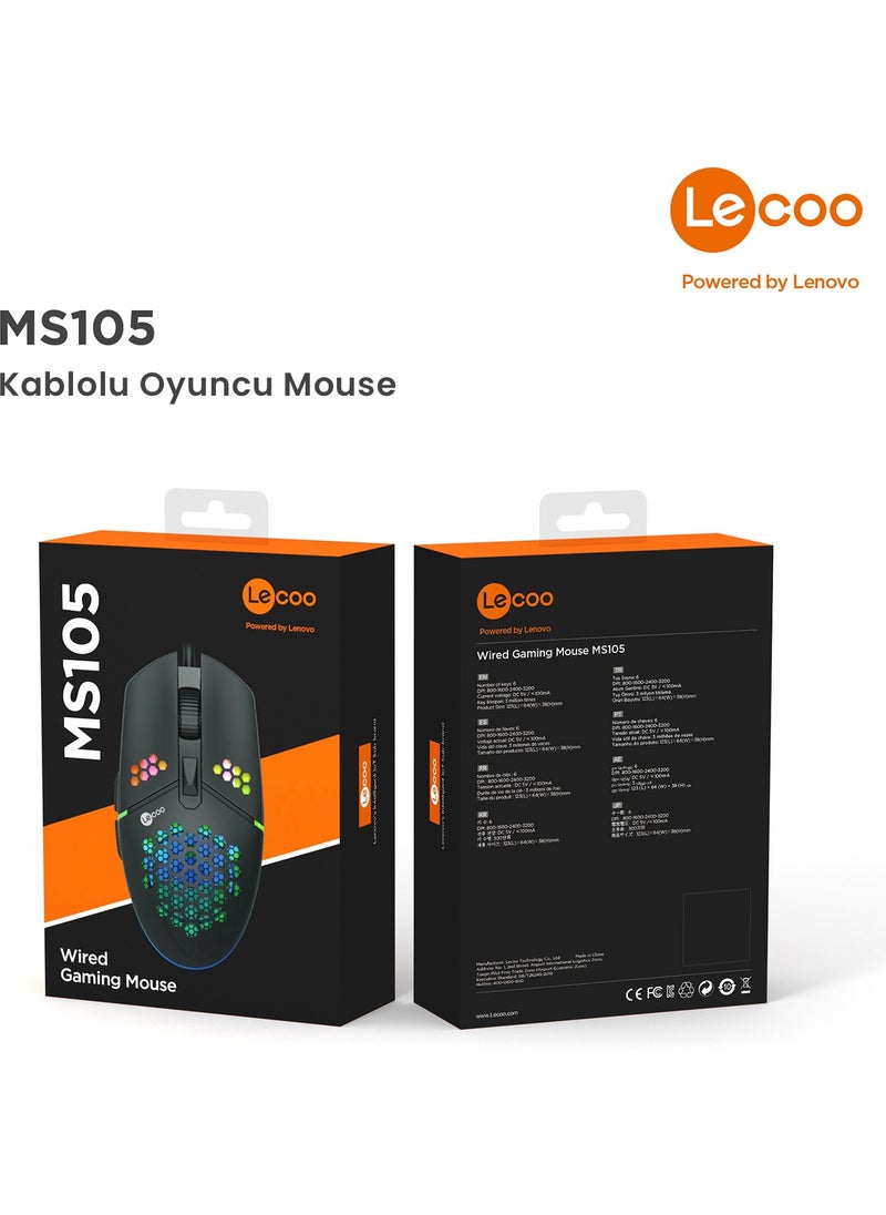 lecoo - Lenovo MS105 Wired RGB LED Illuminated 3200DPI 6-Button Gaming Mouse Black - Image 1