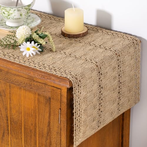 Socomi Boho Table Runner Summer Farmhouse Burlap Jute Bamboo Rustic Dining Kitchen Centerpiece Decor Small Macrame Woven Coffee Table Runner for Dresser Scarf Home Decor 12x60 inch - Image 1