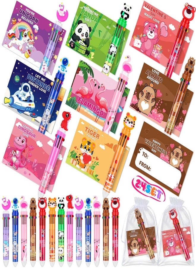 LUYI 24 Pack Valentines Day Pens for Kids, Valentines Day Card and 10-in-1 Multicolor Pen Retractable Ballpoint Pen Bulk for Valentine Gift School Classroom Party Favors Students Rewards Supplies - Image 1