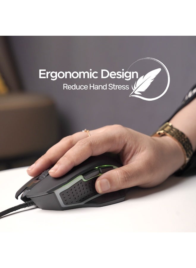 Arizone WM-07 Wired RGB Gaming Mouse – 6-Button Ergonomic Optical Mouse with Precision DPI Adjustment and Side Navigation Black - Image 5