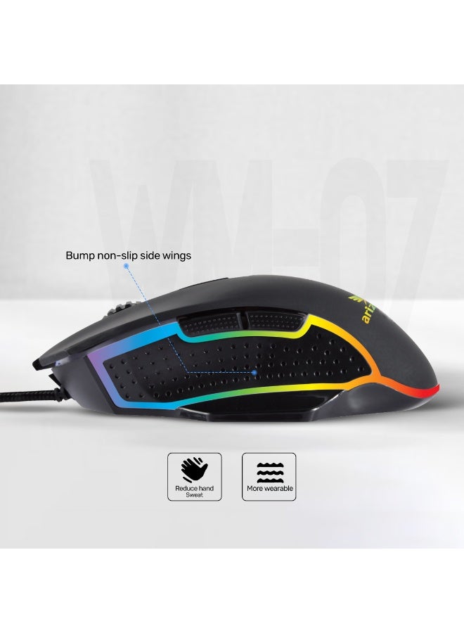Arizone WM-07 Wired RGB Gaming Mouse – 6-Button Ergonomic Optical Mouse with Precision DPI Adjustment and Side Navigation Black - Image 2