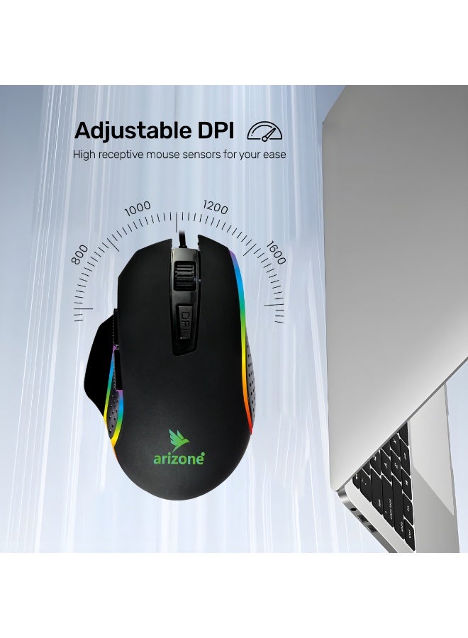 Arizone WM-07 Wired RGB Gaming Mouse – 6-Button Ergonomic Optical Mouse with Precision DPI Adjustment and Side Navigation Black - Image 3