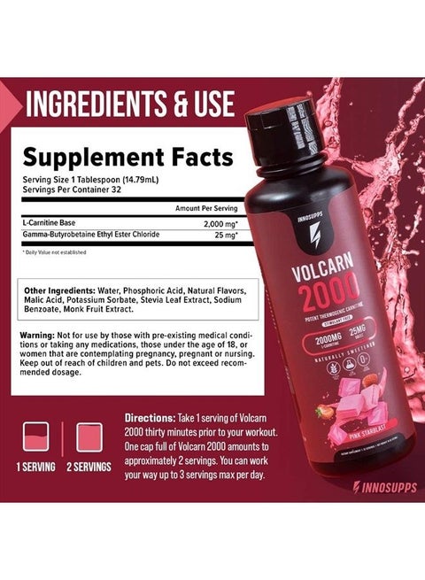 gbeec and l carnitine INNOSUPPS Volcarn 2000 - Advanced Fat Burning Liquid | L-Carnitine, GBEEC,  Boost Energy, ATP Enhancer | Caffeine Free, No Artificial Sweeteners | 32  Servings (Rainbow Sherbet) | Best Price UAE