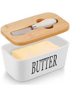 Webao Keramic Butter Dish Multi-Function Enamel Butter Boat with Wooden Lid High-Quality Butter Container with Silicone Sealing Lip for 250 g Butter White