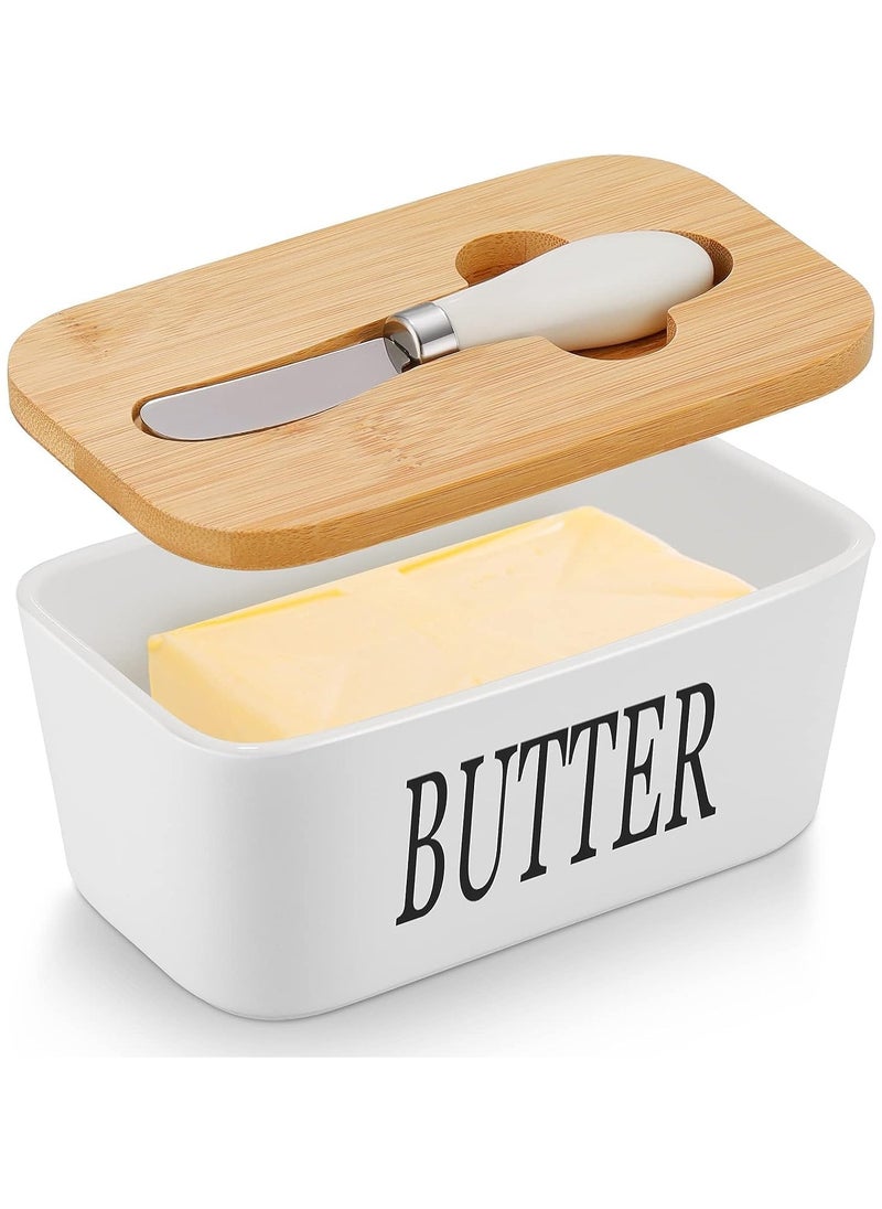 Generic - Webao Keramic Butter Dish Multi-Function Enamel Butter Boat with Wooden Lid High-Quality Butter Container with Silicone Sealing Lip for 250 g Butter White - Image 1