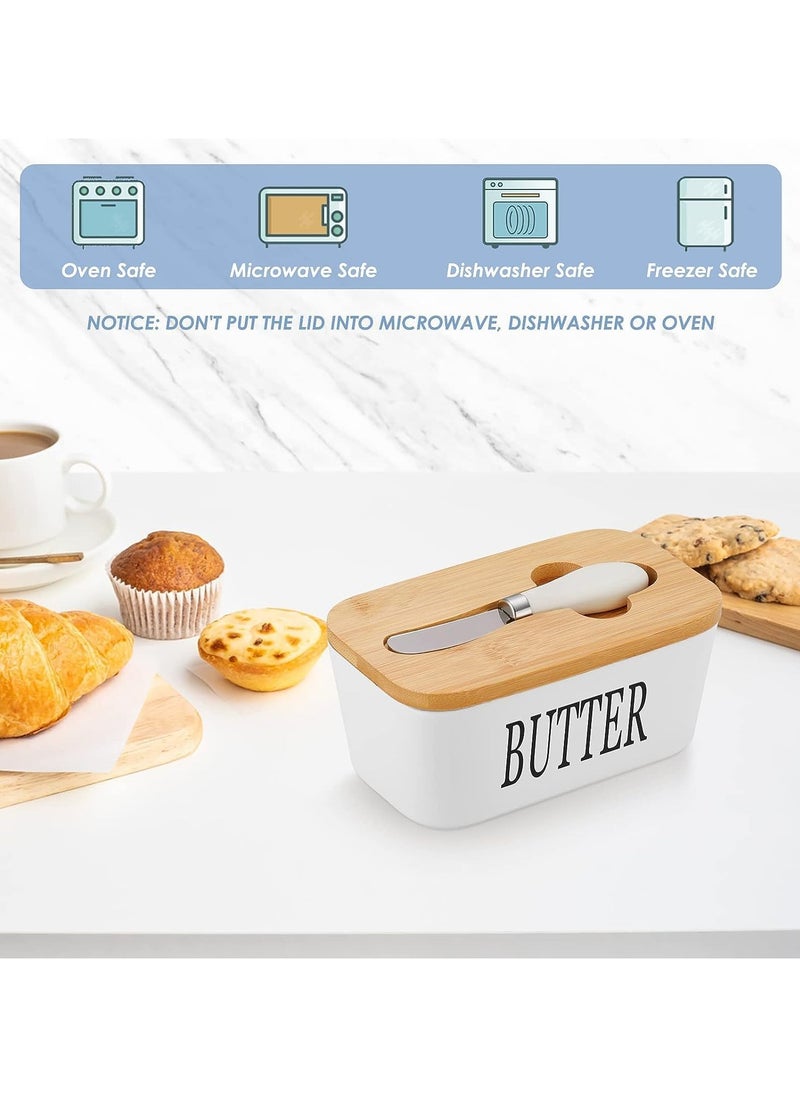 Generic - Webao Keramic Butter Dish Multi-Function Enamel Butter Boat with Wooden Lid High-Quality Butter Container with Silicone Sealing Lip for 250 g Butter White - Image 1