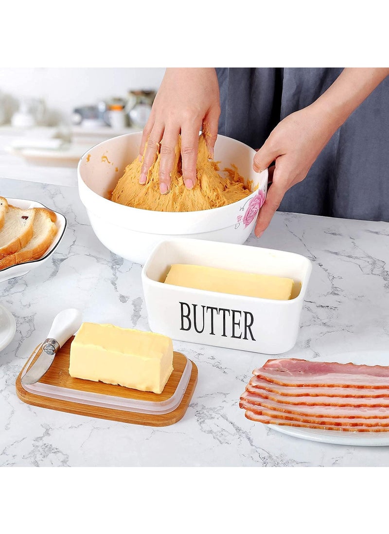 Generic - Webao Keramic Butter Dish Multi-Function Enamel Butter Boat with Wooden Lid High-Quality Butter Container with Silicone Sealing Lip for 250 g Butter White - Image 1