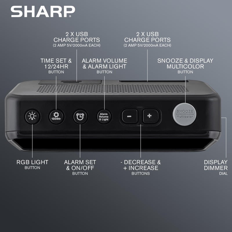 Sharp Loud Alarm Clock for Heavy Sleepers â€“ 95dB Alarm, RGB Color Display & Night Light, 2 USB Charging Ports (2A), Adjustable Brightness & Volume, Custom Snooze, Plug-in with Battery Backup - Image 5