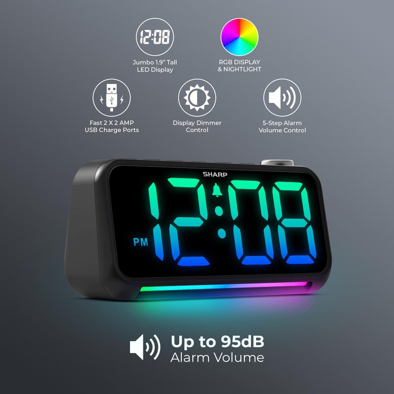 Sharp Loud Alarm Clock for Heavy Sleepers â€“ 95dB Alarm, RGB Color Display & Night Light, 2 USB Charging Ports (2A), Adjustable Brightness & Volume, Custom Snooze, Plug-in with Battery Backup - Image 3