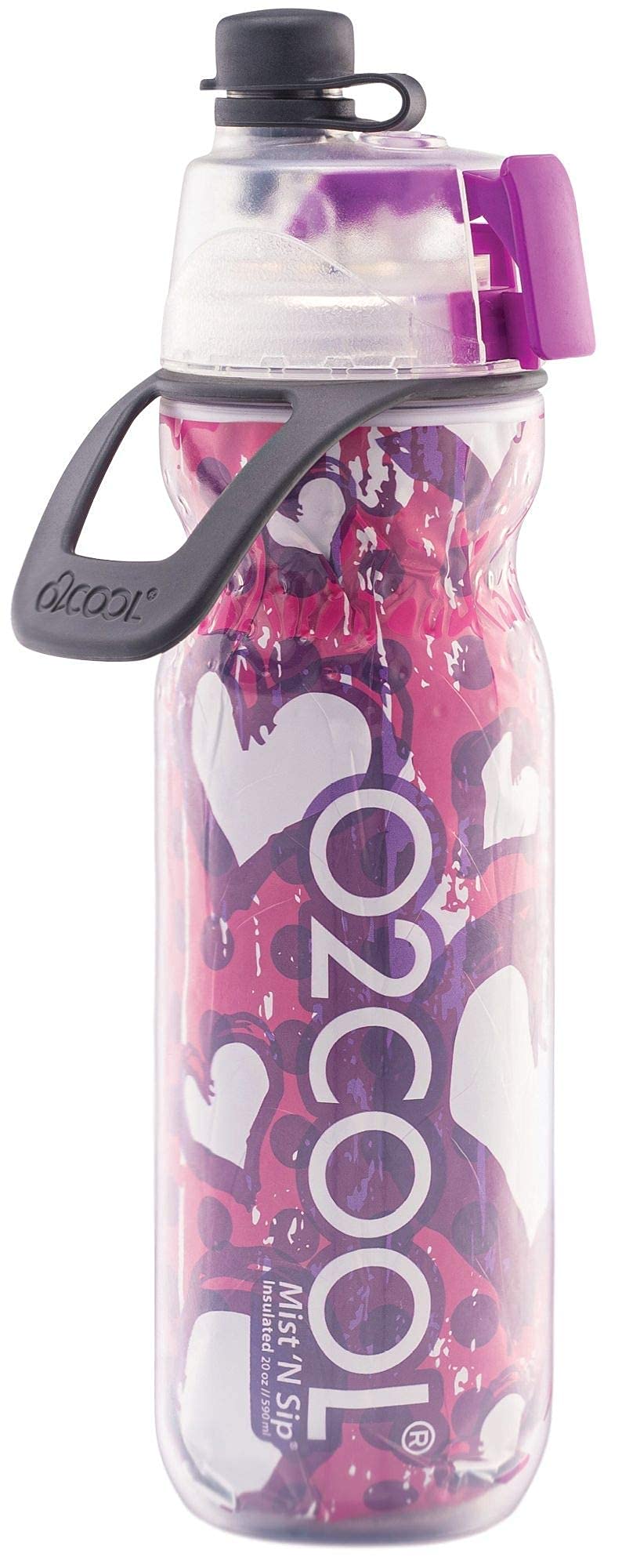 O2COOL Mist 'N Sip Misting Water Bottle 2-in-1 Mist And Sip Function With No Leak Pull Top Spout (Hearts)