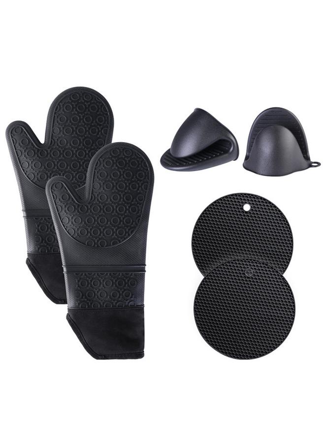 Bluejw Silicone Oven Gloves In Stock Household Kitchen Microwave Oven Oven Cotton Heat Insulation Silicone Gloves Honeycomb Pad Suit  - Image 1
