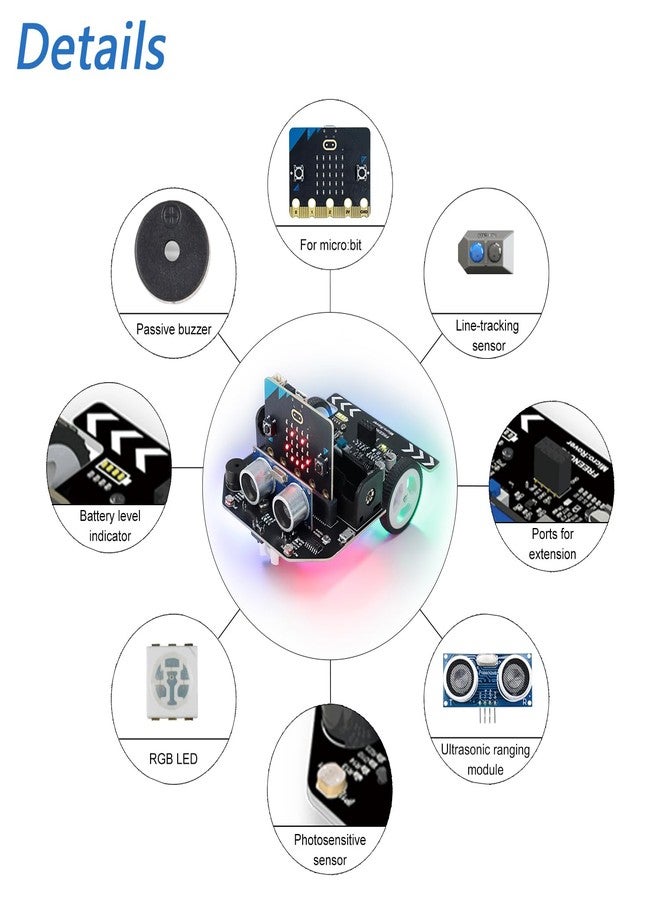 فريينوف مجموعة FREENOVE Micro:Rover لـ BBC Micro:bit (الإصدار 2 متضمن)، تجنب العوائق، تتبع الضوء، تتبع الخطوط، التحكم عن بُعد، تشغيل اللحن، الأضواء الملونة، مشاريع نموذجية، الكتل وأكواد بايثون - Image 4